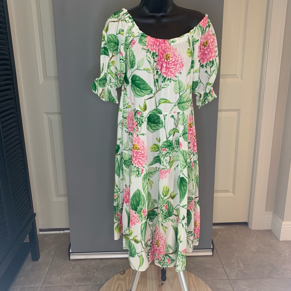 Pink and Green Print Peasant Dress